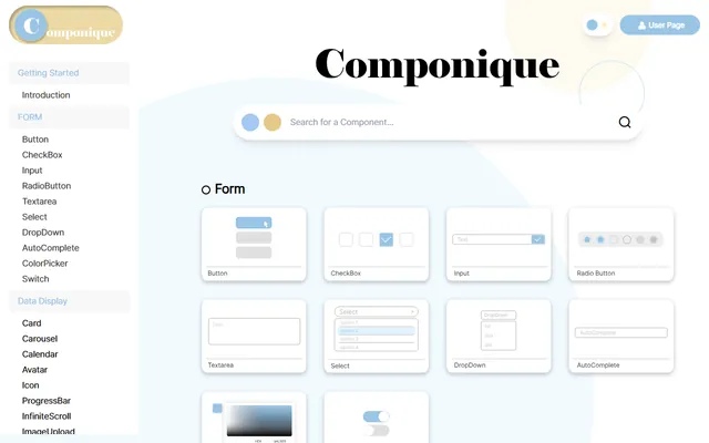 Componique 문서 사이트 첫 화면과 Form 컴포넌트 목록