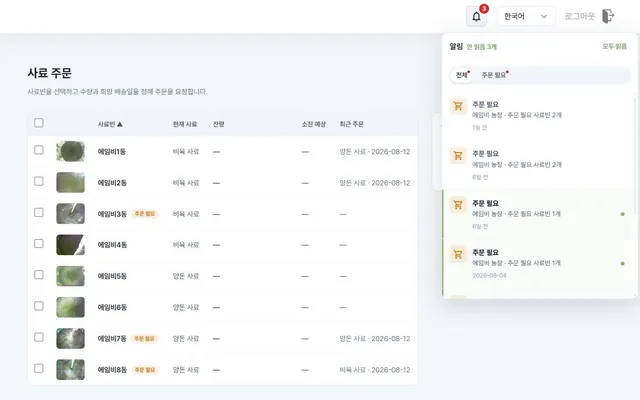 마이피드 알림 목록 — 안 읽은 알림 3개와 종류별 필터